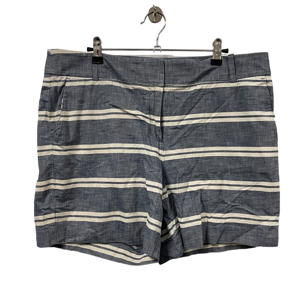 Ann Taylor LOFT Shorts Womens 12 Blue Ivory Striped Pockets Cotton Flat Front
